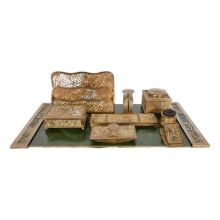 Tiffany Studios New York Pine Needle Bronze Doré and Slag Glass Nine-Piece Desk Set, Circa 1910 For Sale