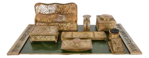 Tiffany Studios New York Pine Needle Bronze Doré and Slag Glass Nine-Piece Desk Set, Circa 1910
