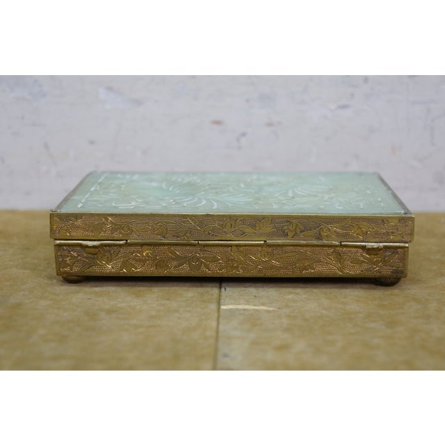 Mid Century Chinese Brass & Jade Divided Keepsake Trinket Cigarette Box 6" For Sale - Image 6 of 15