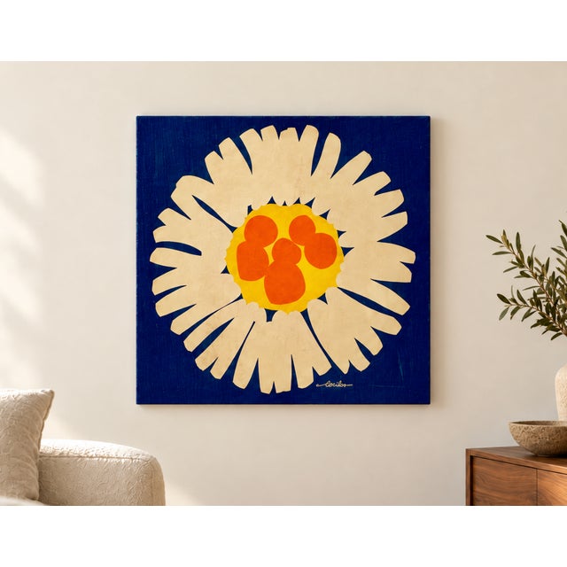 Mid Century Modern print on fabric by Bob Van Allen Scuda, c. 1960’s. An oversized abstract flower pairs cream petals with...