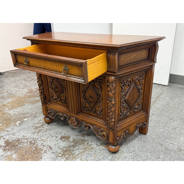 Early 20th Century Empire Manufacturing Company Tudor Revival Carved Walnut Buffet Cabinet, Circa 1920's For Sale - Image 5 of 12