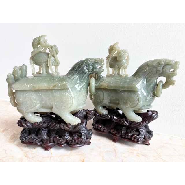 Celadon 2 Antique Chinese Dragon Celadon Jade Vessels Custom Stands Qing Republic Era For Sale - Image 8 of 12