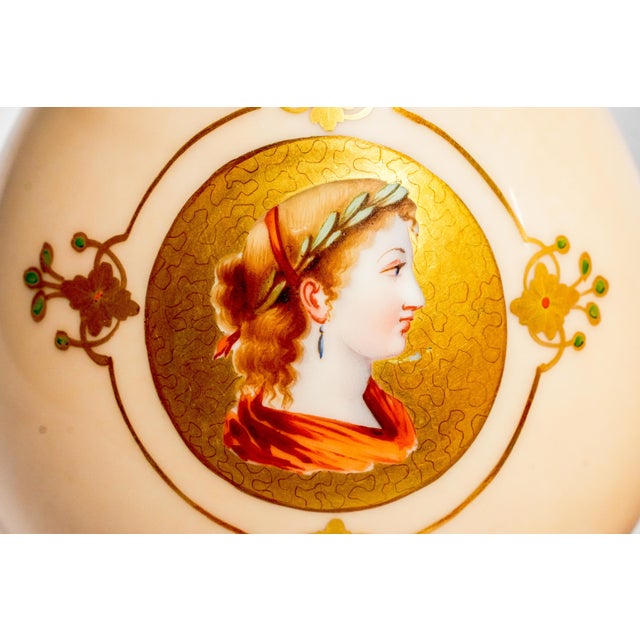 Lovely Pair Antique Hand Painted Victorian Porcelain Vases Neoclassical Portraits & Gilt Decoration Luxury Home Decor Art For Sale In New York - Image 6 of 17