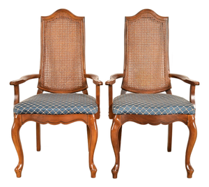 Baker Furniture Style French Provincial Louis XV Carved Walnut and Cane Back Armchairs, Pair