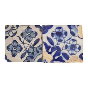 17th Century Portuguese Blue & White Floral Set of Two Tiles