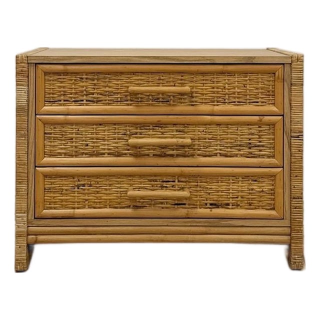 Vintage Chest Coastal Wicker Rattan Three Drawer Boho Hollywood Regency Dresser For Sale