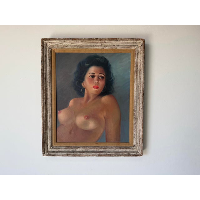 Mid-Century Modern 1960’s Vintage Female Nude Portrait Oil Painting on Canvas – Framed For Sale - Image 3 of 12