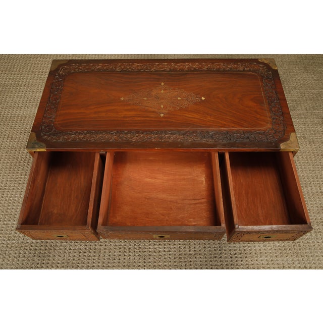 Vintage Campaign Style Inlaid Walnut Dresser Chest, Brass Inlay Carved Wood 10 Drawer Cabinet For Sale In Los Angeles - Image 6 of 18