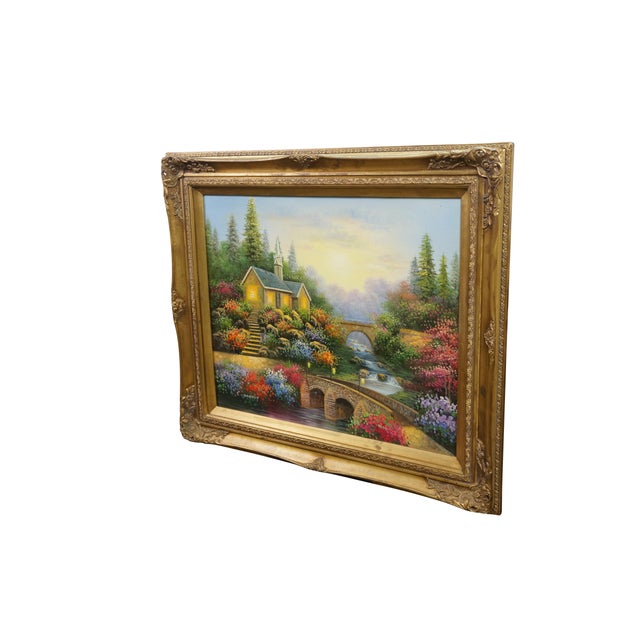 Realism Late 20th Century C. Jaffey Cottage Garden Stream Landscape Oil Painting on Canvas 31" For Sale - Image 3 of 12