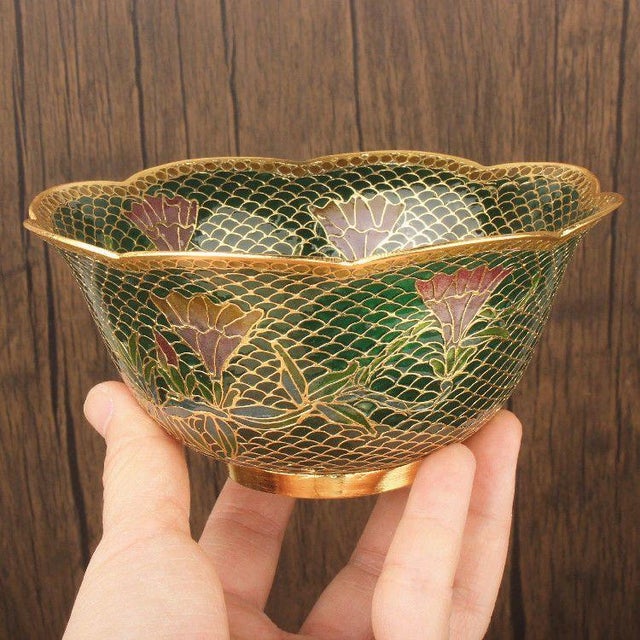 Metal Set of 4 Vintage Cloisonné Enamel Bowls – Eggshell Technique, Lotus Motif, Gilded For Sale - Image 7 of 12