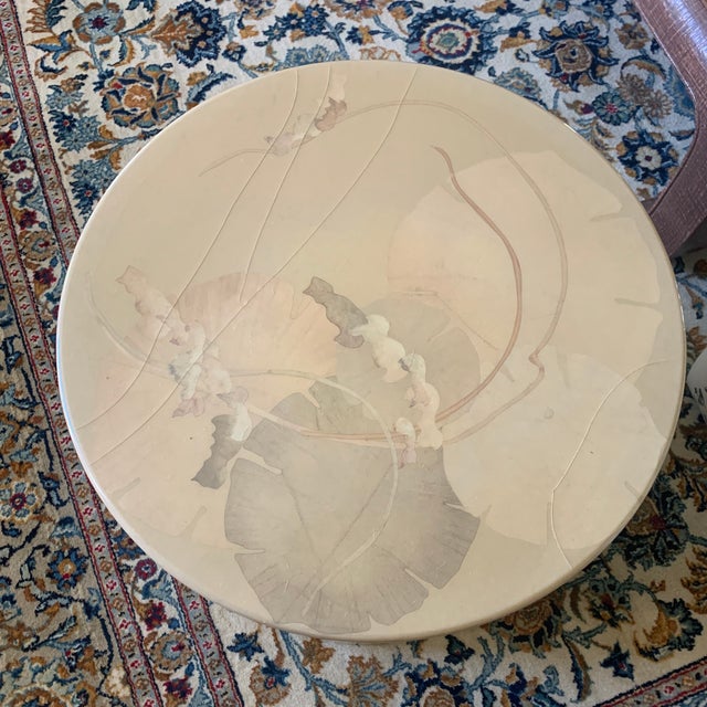 Mid-Century Modern 1970s French Laquere Martin Lily Pad Design Hand-Painted and Lacquered Parchment Drum Table For Sale - Image 3 of 10