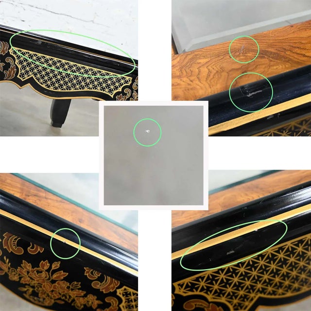 1980's Drexel Heritage Coffee Table Et Cetera Collection Chinoiserie Black & Gold Painted & Burl With Glass Insert For Sale - Image 13 of 14