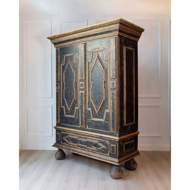 18th Century Baroque Two-Part Cabinet with Black Finish and Blue Interior For Sale - Image 12 of 17