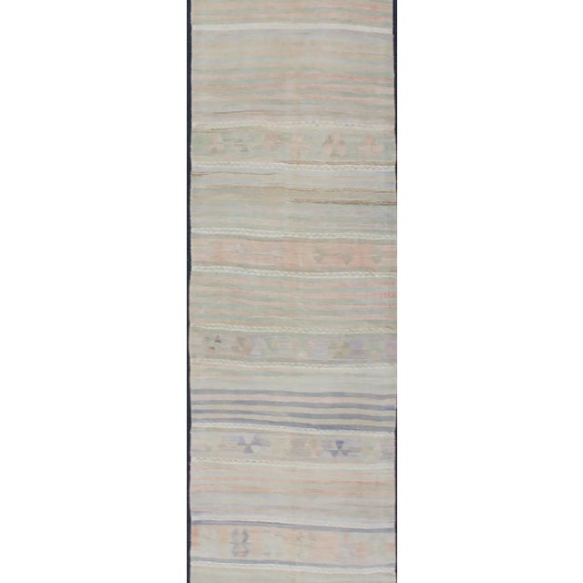 Mid 20th Century Vintage Turkish Kilim Runner With Soft Stripes and Modern Design in Muted Colors For Sale - Image 4 of 12