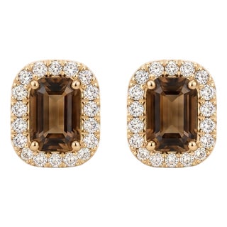 Smoky Quartz Halo Stud Earrings | Emerald Cut Brown Gemstone Studs | 925 Sterling Silver Cluster Studs - A Pair For Sale