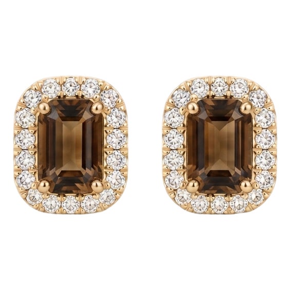 Smoky Quartz Halo Stud Earrings | Emerald Cut Brown Gemstone Studs | 925 Sterling Silver Cluster Studs - A Pair For Sale