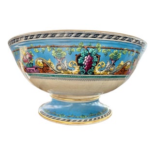 Large Antique Turquoise Blue Footed Vine & Scroll Punch Bowl For Sale
