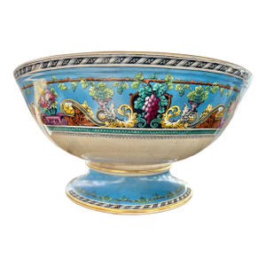Large Antique Turquoise Blue Footed Vine & Scroll Punch Bowl