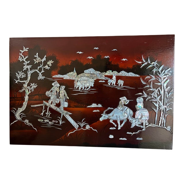 Mid-20th Century Vietnamese Lacquer Panel With Mother-of-Pearl Inlay – Pastoral Scene For Sale