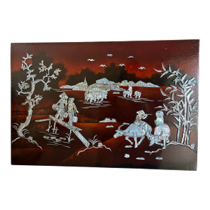 Mid-20th Century Vietnamese Lacquer Panel With Mother-of-Pearl Inlay – Pastoral Scene