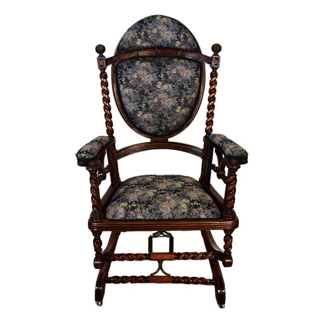 1870 Antique George Hunzinger Barley Twist Mahogany Rocking Chair New Upholstery For Sale