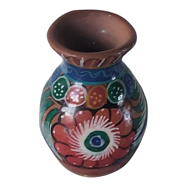 Hand-Painted Miniature Mexican Terra Cotta Vase With Floral Design For Sale