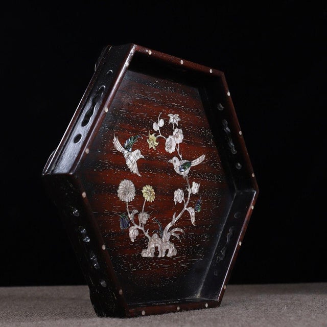 Vintage Zitan Wood Hexagonal Tray With Mother-of-Pearl Bird & Floral Inlay For Sale - Image 4 of 10