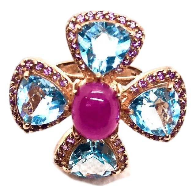 Bochic "Capri" Vintage Ruby, Amethyst & Blue Topaz Ring Set In 18K Gold & Silver For Sale
