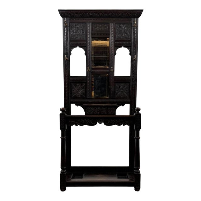19th Century Antique English Victorian Carved Oak Hall Stand with Mirror For Sale