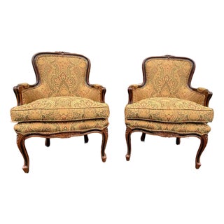 Vintage Louis XV Style Armchairs: Floral Upholstered Bergeres For Sale