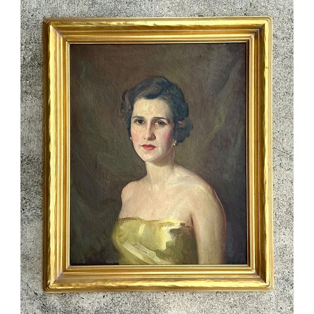 Vintage Oil Portrait of Woman in Gold Dress For Sale - Image 12 of 18