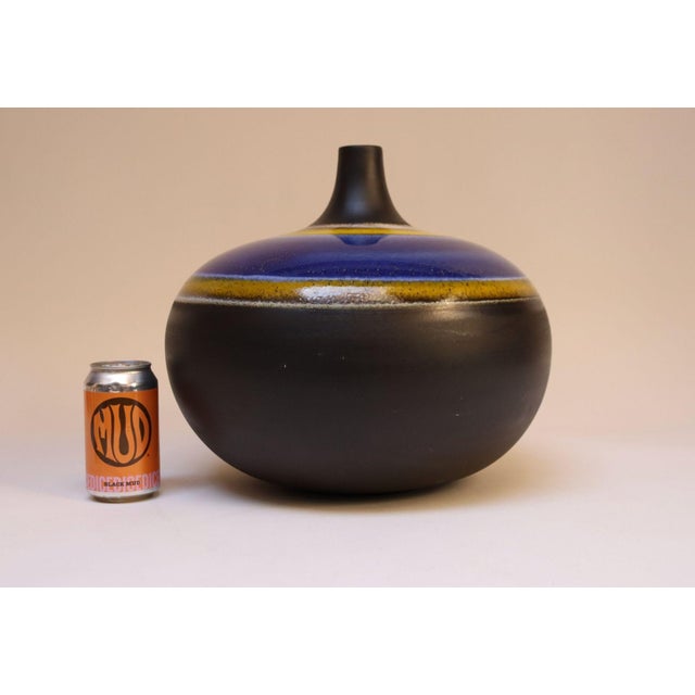 Vintage Italian Oversized Ceramic Vase With Blue and Yellow Glazed Banding For Sale - Image 4 of 12