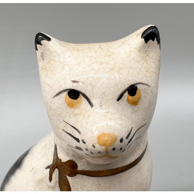 Antique Black & White Cat Figurine on Blue Base – Staffordshire Pottery Style For Sale In Houston - Image 6 of 12