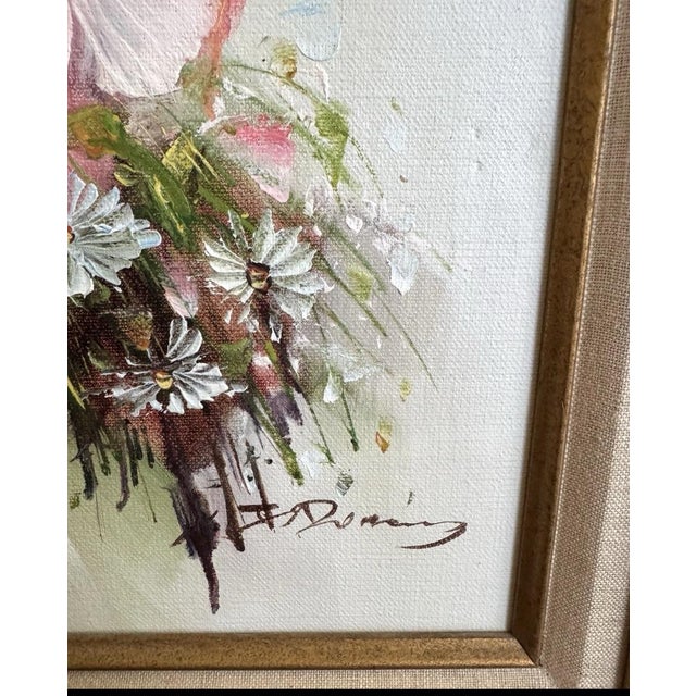 Lovely vintage oil painting on canvas featuring a soft, impressionistic bouquet of pink and white flowers, signed lower...