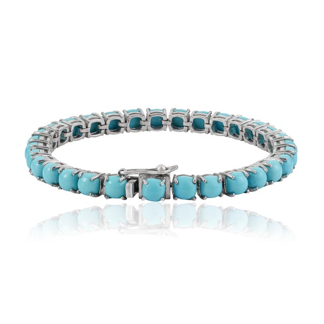 Contemporary Cushion Cut 18.1 Ct Turquoise Prong Set Tennis Bracelet in 925 Sterling Silver For Sale - Image 3 of 12
