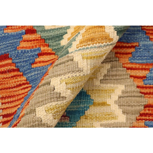 Textile Shabby Chic Turkish Kilim Rust Blue Hand-Woven Wool Rug For Sale - Image 7 of 9