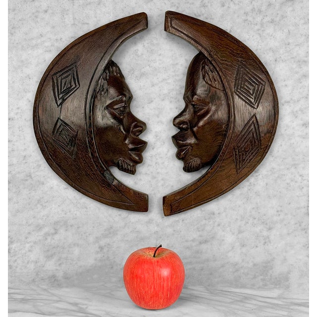 A Pair of African Mahogany Tribal Crescent Moon Wall Sculptures, c. Mid 20th Century - Pairs Nicely with Many Mid-Century...