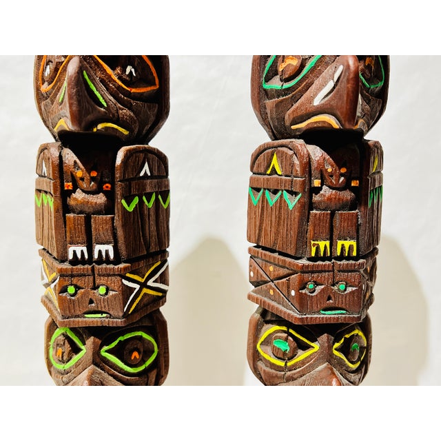 Tribal Vintage Raven Hand-Painted Wood Totem Pole Figures- a Pair For Sale - Image 3 of 10
