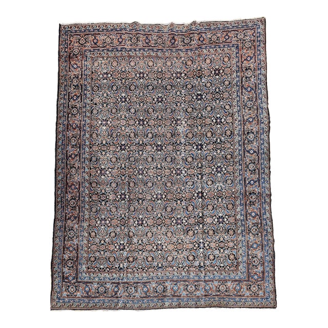 Antique Persian Tabriz, Rug, Handwoven Allover Herati Geometric Pattern, Ivory & Blue, 8’ X 12’ For Sale