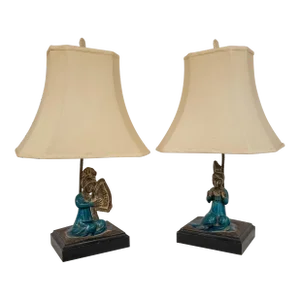 Mid-Century Modern James Mont Style Chinoiserie Table Lamps With Musician Figures