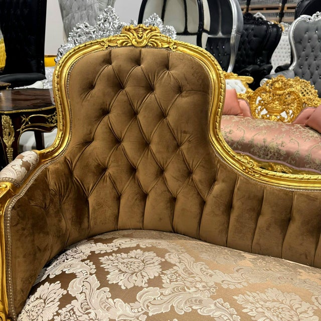 Tan Chaise Lounge French Style Light Brown Velvet With Gold Details For Sale - Image 8 of 10