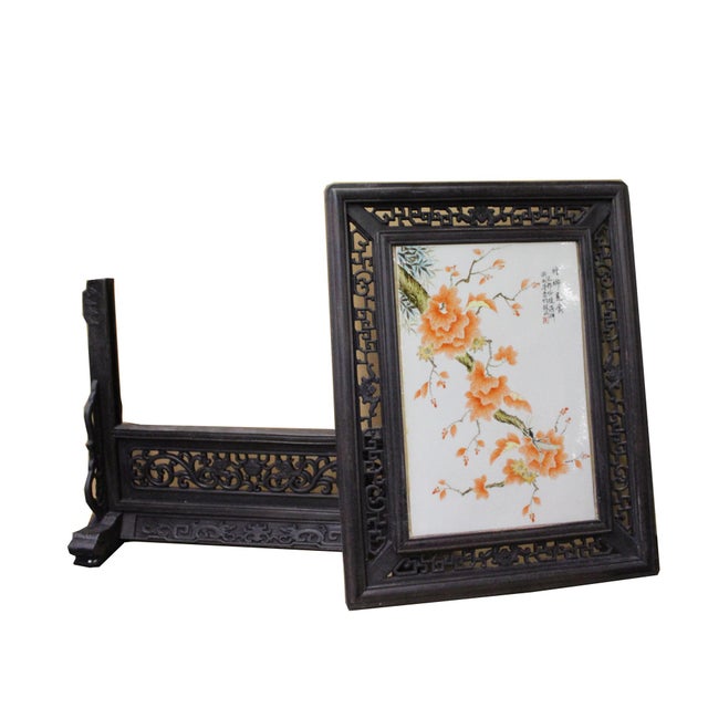 Chinese Orange Blossoms Porcelain Painting Wood Frame Tabletop Screen Art For Sale In San Francisco - Image 6 of 9