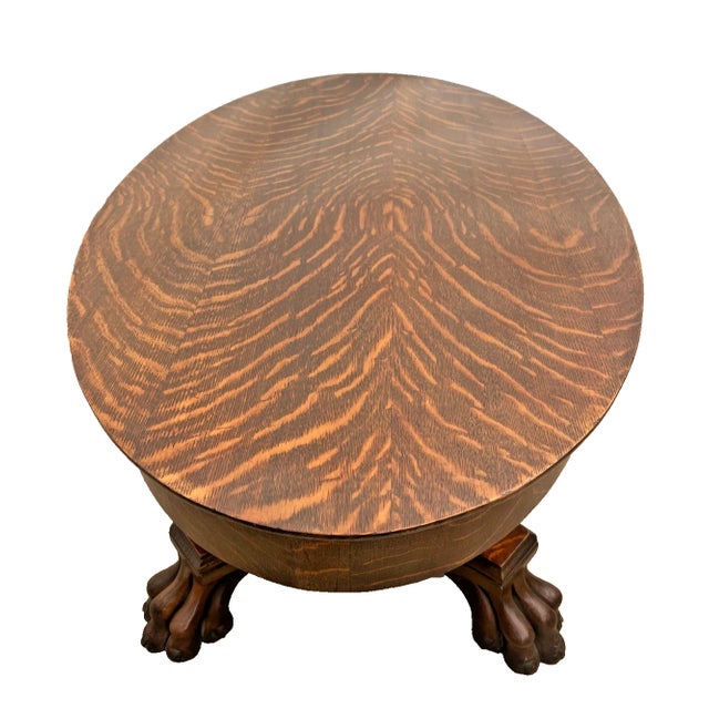 Early 20th Century Antique Tiger Oak Oval Coffee Table, Carved Paw Feet, Drawer, Shelf, By: Piqua For Sale - Image 5 of 12