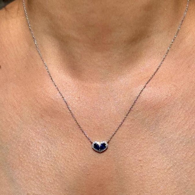 Not Yet Made - Made To Order Natural Twin Sapphire and Diamond Heart Necklace in 14k White Gold For Sale - Image 5 of 15