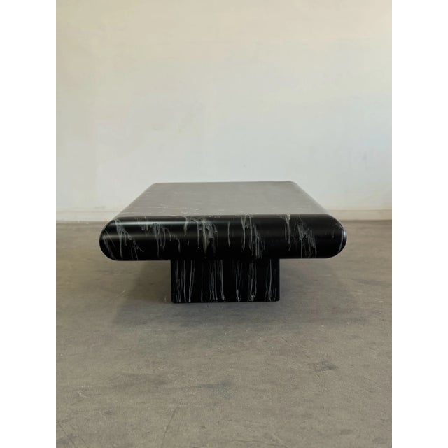 W51 D31.5 D14.5 Rare low profile rounded bull nose edge table in original marble faux high gloss lacquer. Item has been...