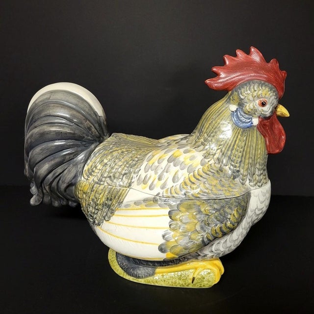 1970s Italian Majolica Hand-Painted Rooster Soup Tureen With Ladle – Large 18" For Sale In Raleigh - Image 6 of 12