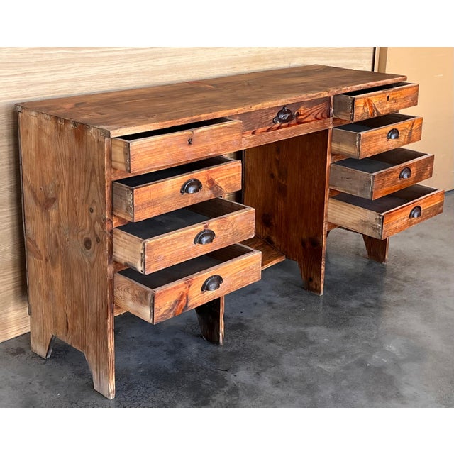 1920's Spanish Secretaire Pine Work Pedestal Desk For Sale - Image 9 of 18