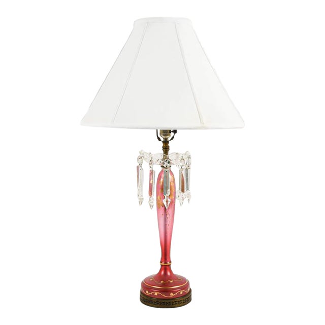 Decorative Ruby Red Glass Table Lamp With Crystal Prisms & Gilt Accents For Sale