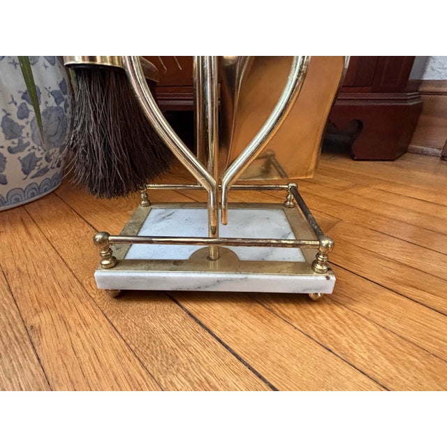 Brass 1980s Italian White Marble and Brass Fireplace Tools on Stand, Set of 5 For Sale - Image 8 of 9