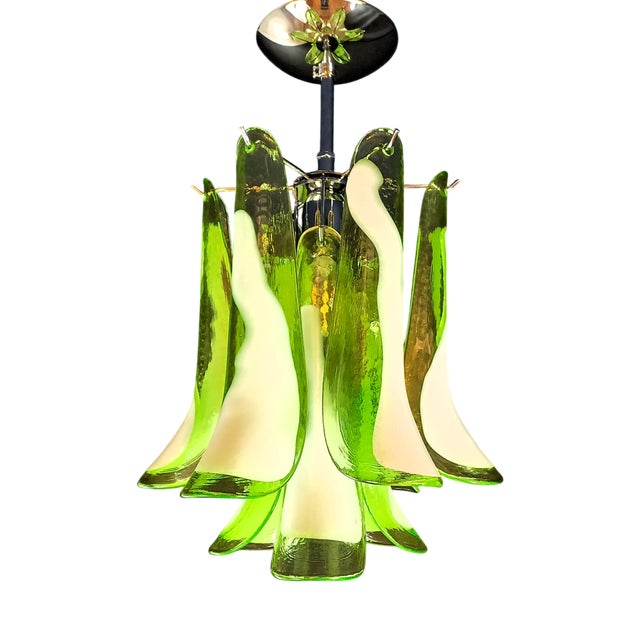 Vintage Murano Glass, Green petals with White Core Chandelier Ceiling Light in the style of Mazzega, Italy, 1981 For Sale